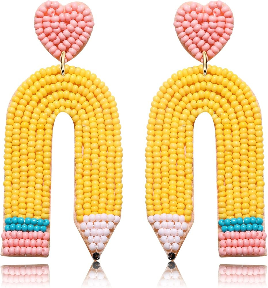 Teacher Earrings for Women Beaded Apple Pencil Dangle Earrings Colorful Rainbow Drop Earrings Bac... | Amazon (US)