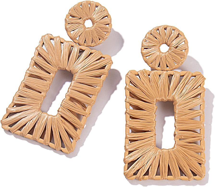 Statement Raffia Earrings Boho Drop Earrings Geometric Dangle Earrings for Women Handmade Straw Earr | Amazon (US)