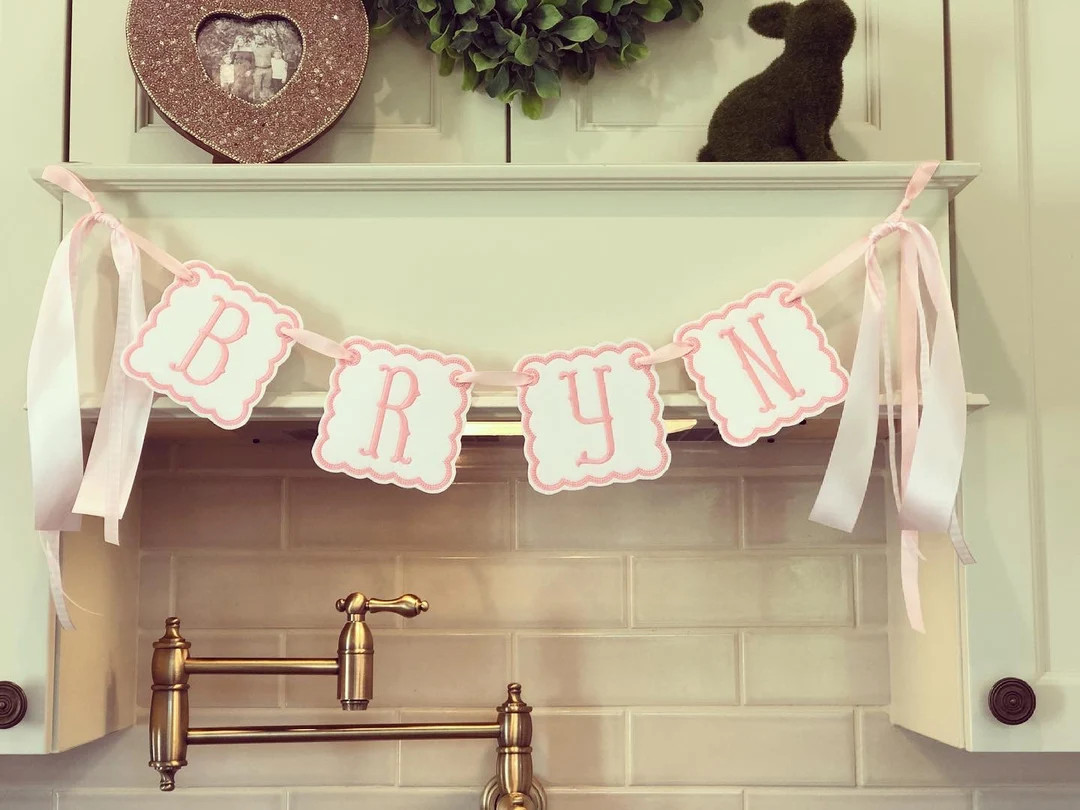White & Pink Embroidered Scalloped Name Banner - Etsy | Etsy (US)