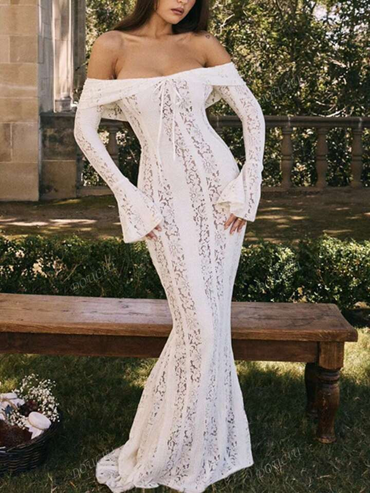 Sexy Slit Lace Hollow-Out Tie-Up Off-Shoulder Long Sleeve Fitted Fishtail Dress | SHEIN