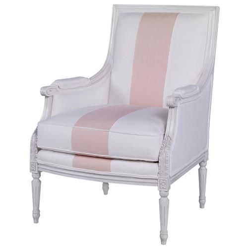 Highland House Augusta French White Pink Linen Stripe Wood Occasional Arm Chair | Kathy Kuo Home