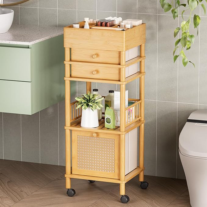 Bamboo Makeup Organizer Cart with 3 Drawers, Floor Skin Care Storage for Bathroom Bedroom, Rollin... | Amazon (US)