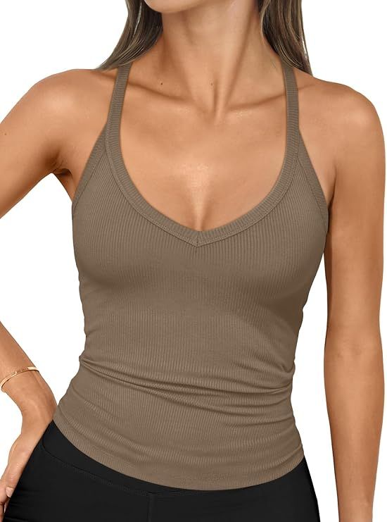 Trendy Queen Womens Ribbed Tank Tops Racerback Summer Basic Camisole V Neck Going Out Slim Fit Fa... | Amazon (US)