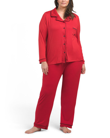 2Pc Notch Collar Pajama Set For Women, Spandex/Polyester | TJ Maxx