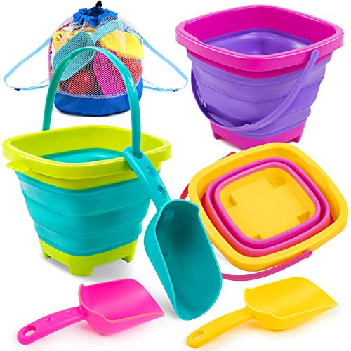 Sloosh 3 Packs Foldable Bucket - Collapsible Bucket with Sand Shovels and Mesh Backpack for Kids Toddlers Beach Toys, Easter Egg Hunt, Camping, Travelling and Fishing Water Pail (Pink/Purple/Green) | Amazon (US)