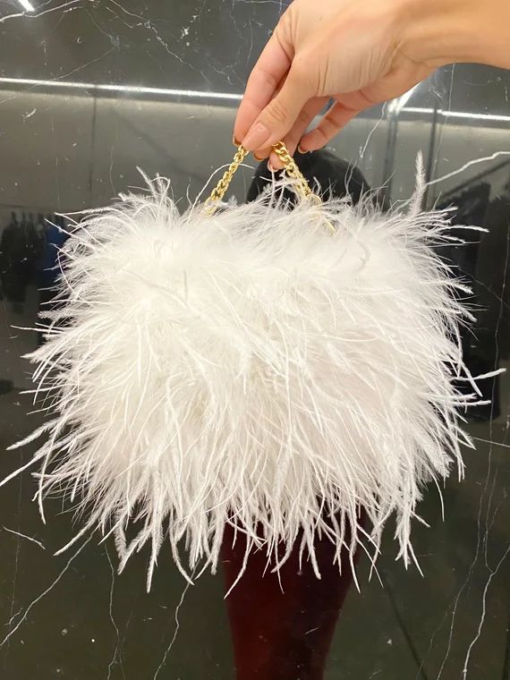 White Mini Ostrich Feather Handbag With 6 Inch Chain | Etsy | Etsy (US)