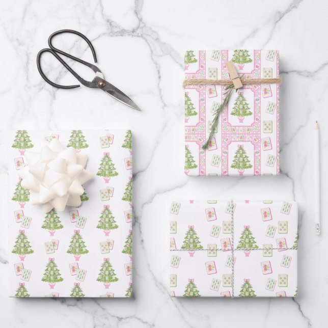 Watercolor Pink Mahjong Christmas Tree Wrapping Paper Sheets | Zazzle | Zazzle