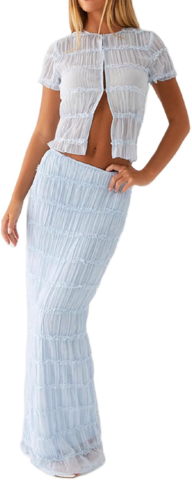 Women Two Piece Maxi Skirt Sets Y2k Sleeveless Crop Cami Top Ruffle Tiered Flowy Long Skirt Vacat... | Amazon (US)