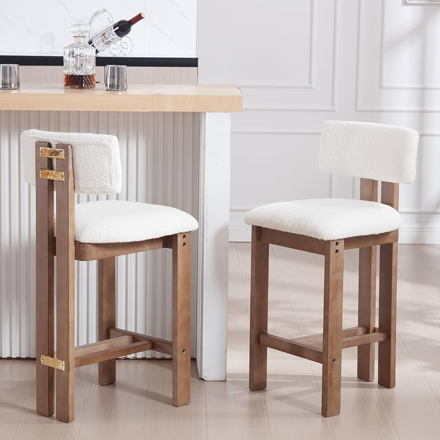 26 inch Farmhouse Bar Stools Set of 2 Sherpa Upholstered Kitchen Stool Wood Legs Boho Pub Stool w... | Amazon (US)