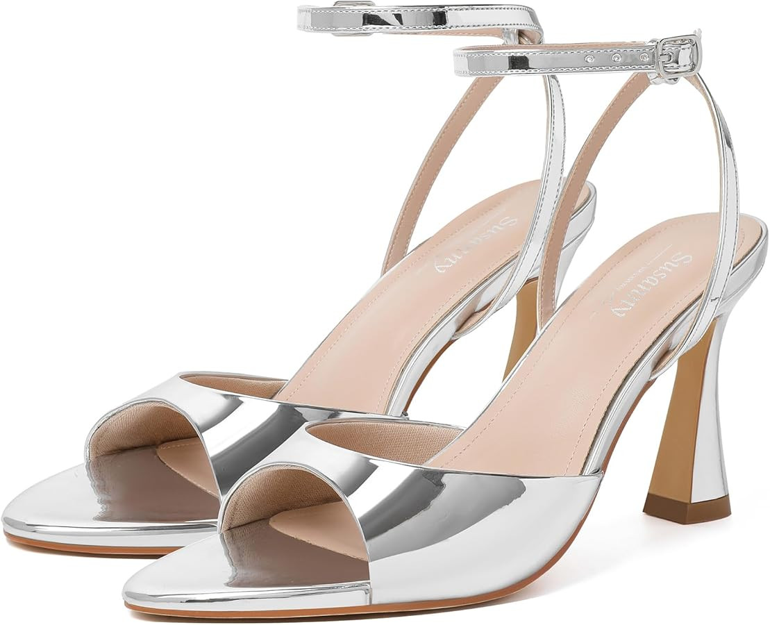 Susanny High Heels for Women Pointed Open Toe Strappy Chunky Block Heels Ankle Strap Stiletto Kit... | Amazon (US)