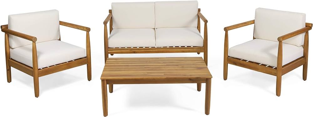 Christopher Knight Home Abigail Outdoor Acacia Wood 4 Seater Chat Set, Teak and Cream | Amazon (US)