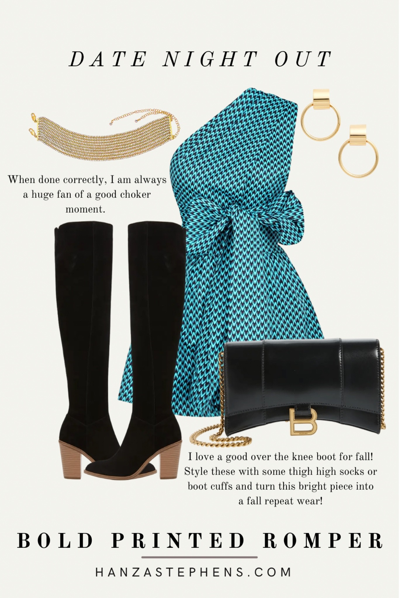 Styling a one shoulder boldly printed romper for fall! Here I styled it for date night out. I love the black and gold vibes with these black heeled otk boots under $100 and this gold choker necklace 

#LTKstyletip #LTKSeasonal