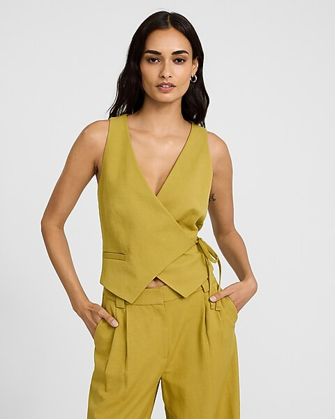 Linen-Blend Asymmetrical Wrap Tie Blazer Vest | Express
