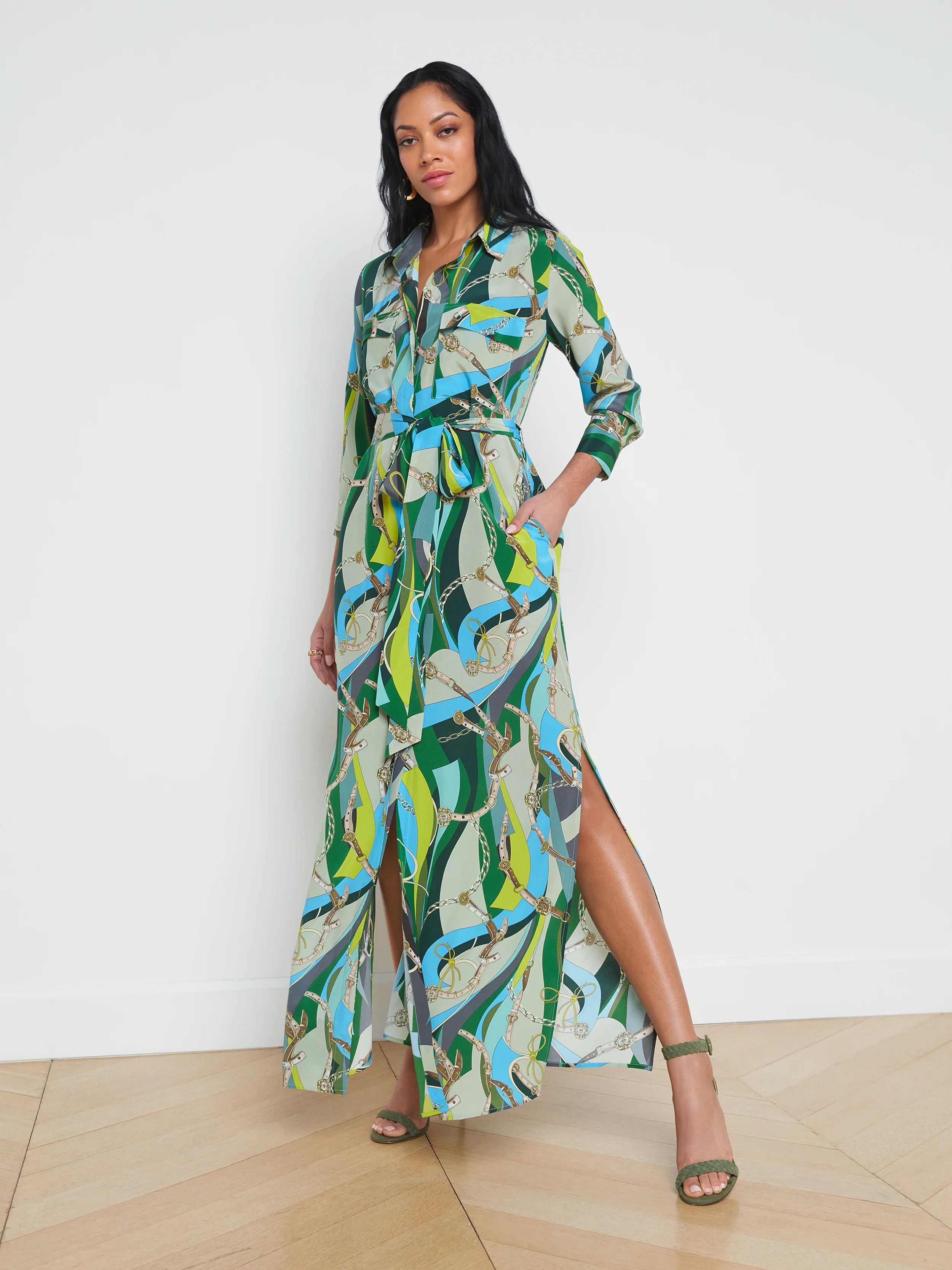 L'AGENCE - Cameron Silk Shirt Dress in Sea Green Multi Belt Swirl | L'Agence