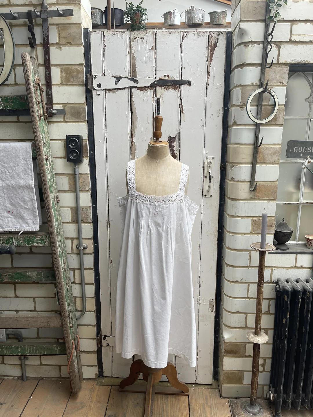 Antique White Cotton Slip Dress With Lace Trim Initials LF Size M - Etsy | Etsy (US)