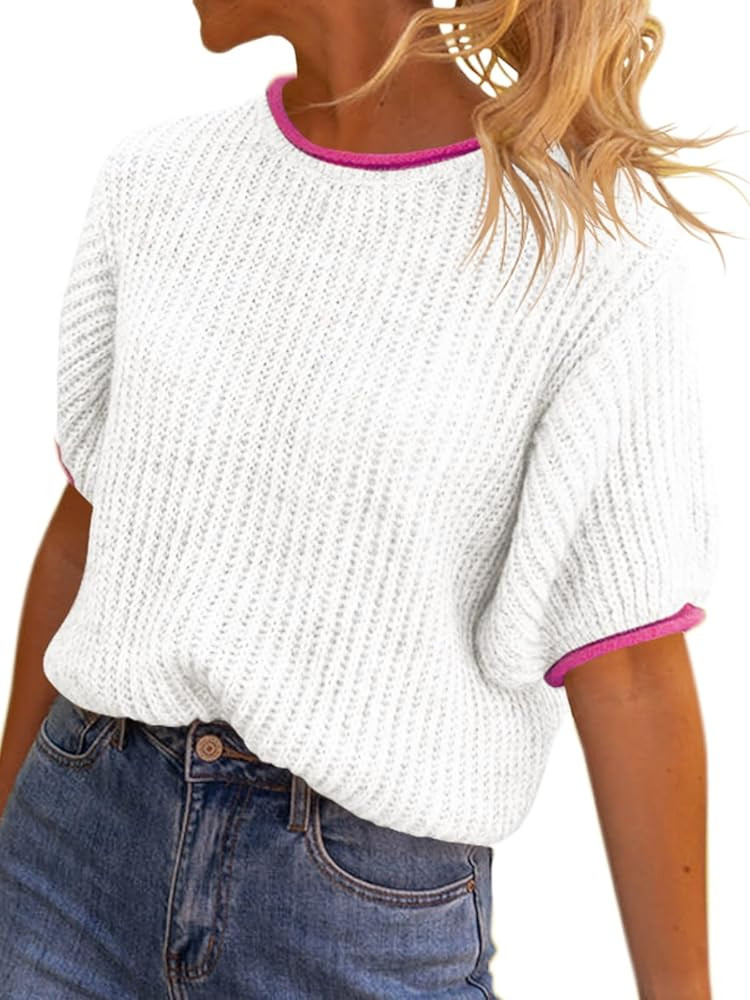 Saodimallsu Womens Puff Short Sleeve Sweater Tops Spring Summer Color Block Ribbed Knit Crew Neck... | Amazon (US)