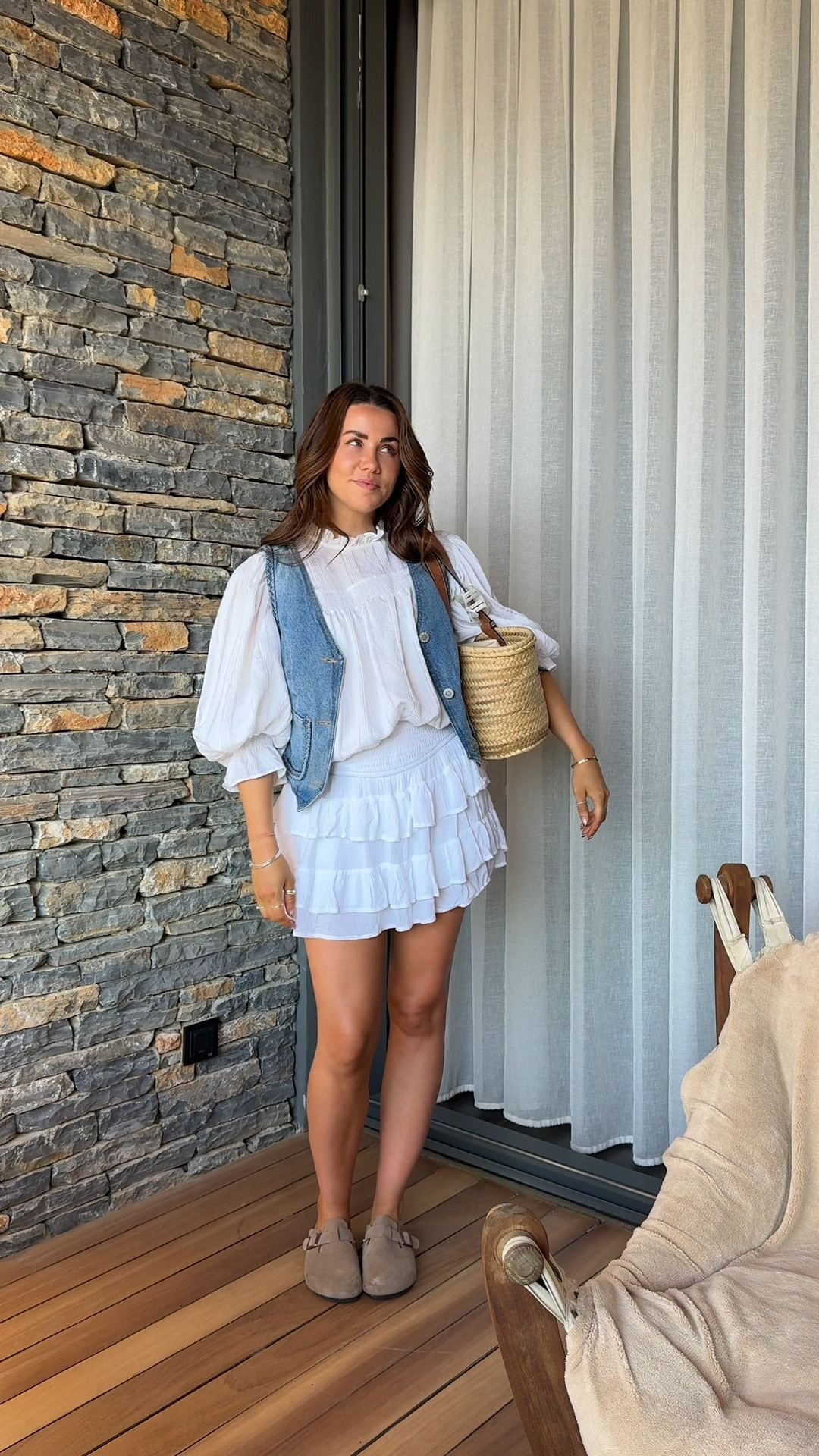 Euro summer called and it wants its outfit back… 👀 wearing denim waistcoat over floaty white puff sleeve blouse and tiered ruffle skirt in white - perfect combo for looking like a dress but actually being separates for the summer fashion vibes  

#LTKeurope #LTKsummer #LTKstyletip