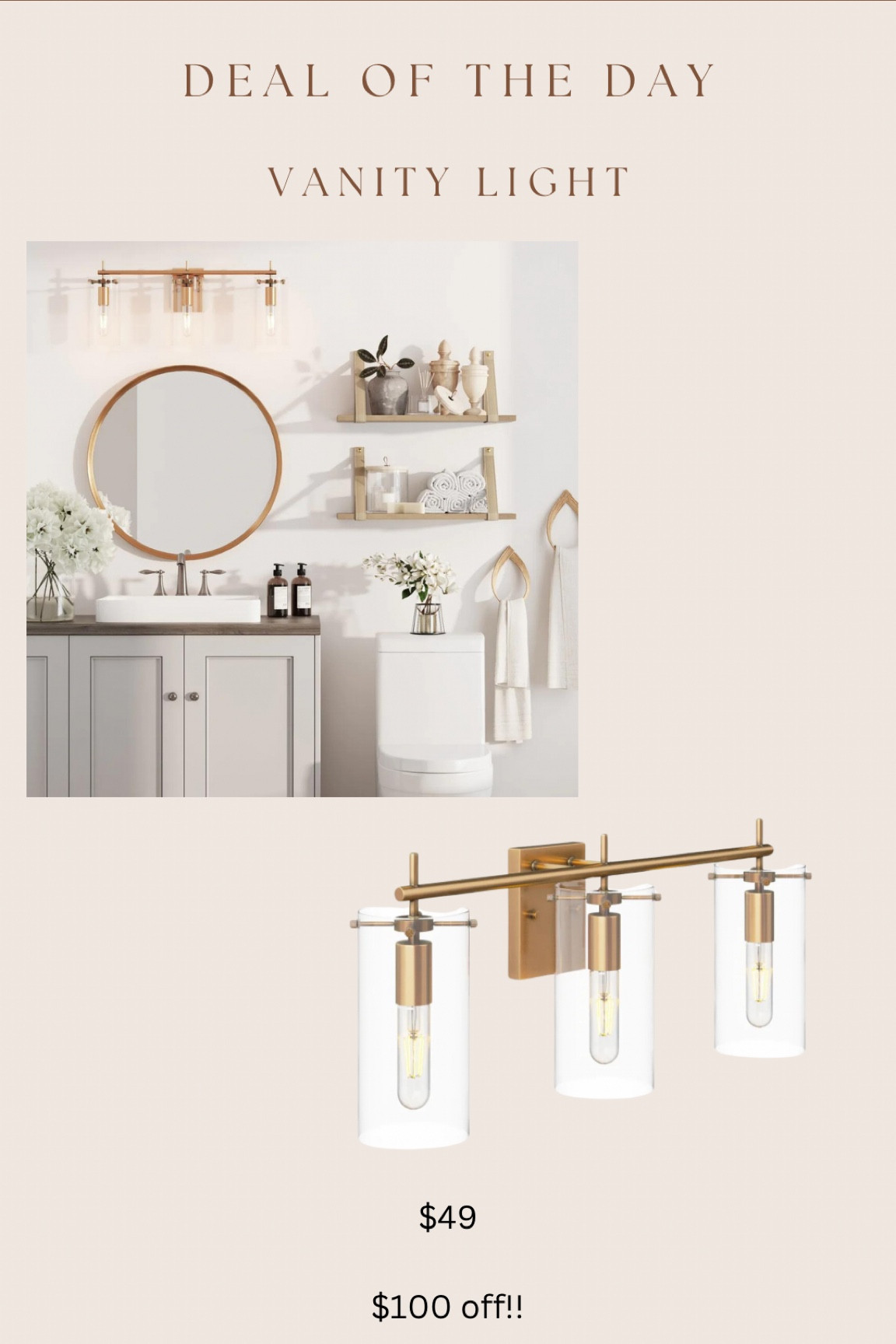 Oh wow! Just found this bathroom vanity light for $100 off right now!!! Only $49 🙌🏻🙌🏻🙌🏻🙌🏻 budget friendly way to upgrade your bathroom! 

#LTKhome #LTKsalealert