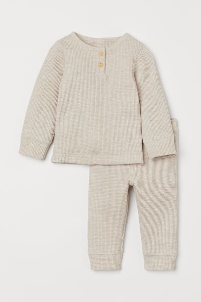 Baby Exclusive. Set with a henley shirt and leggings in soft, waffled cotton jersey. Shirt with r... | H&M (US + CA)