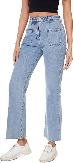 Women Straight Leg Capris Jeans Mid Rise Cropped Pants Stretchy Ankle Length with Pockets | Amazon (US)