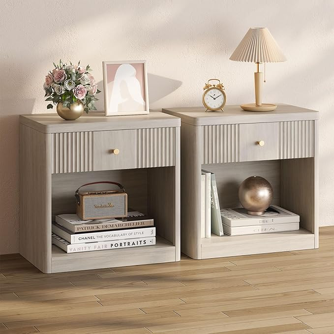 Night Stand Set of 2 Nightstands with Drawer, Large Modern Fluted Bedside Table Bed Side Table En... | Amazon (US)