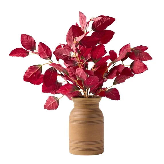 Better Homes and Gardens 19.5"H Artificial Real Touch Burgundy Leaves in 7.38"H Brown Ceramic Vas... | Walmart (US)