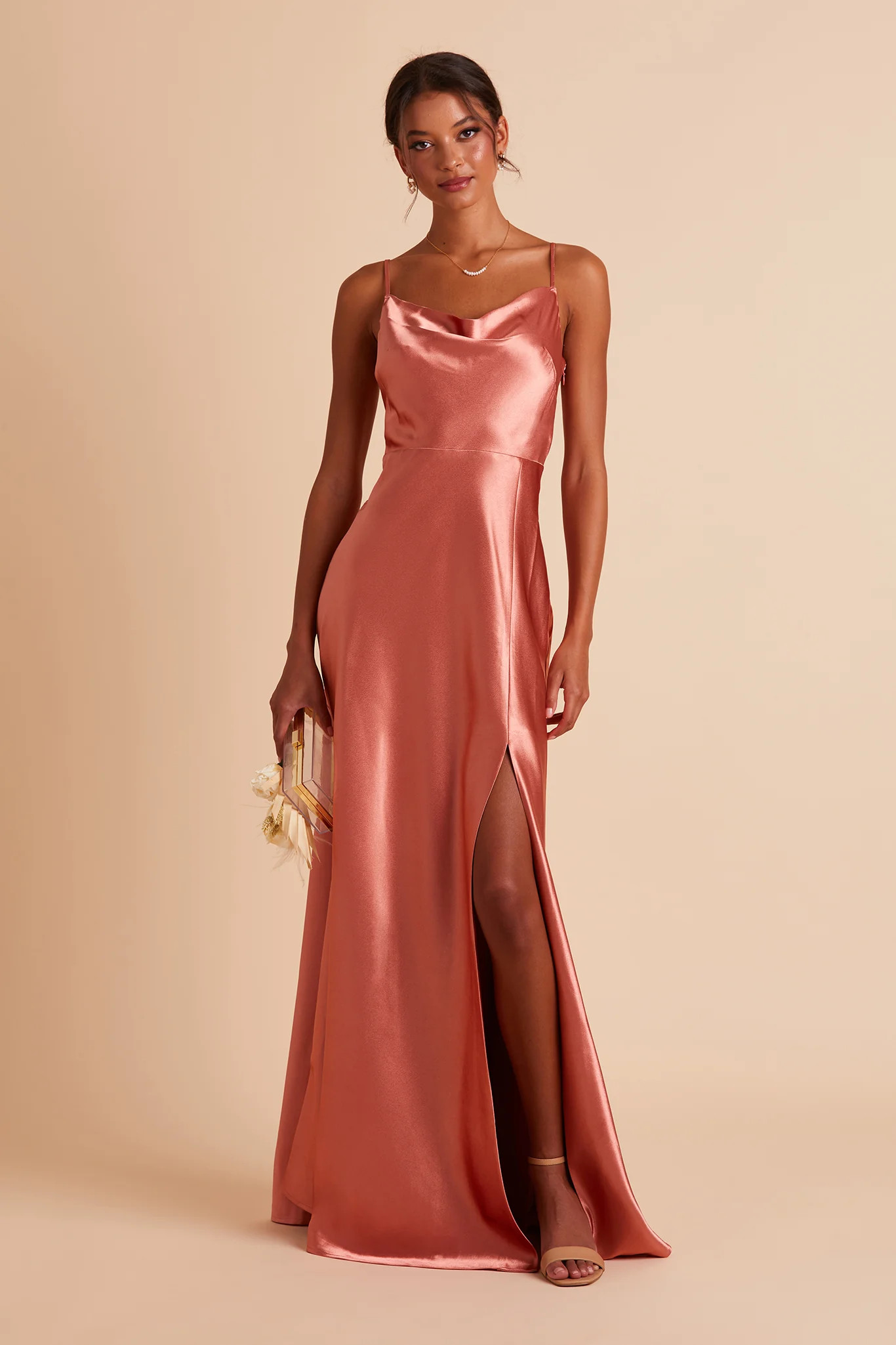 Lisa Long Shiny Satin Dress - Terracotta | Birdy Grey