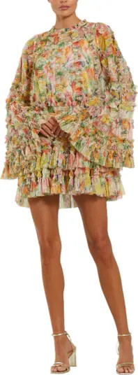 Printed Mesh Ruffle High Neck Mini Dress | Nordstrom