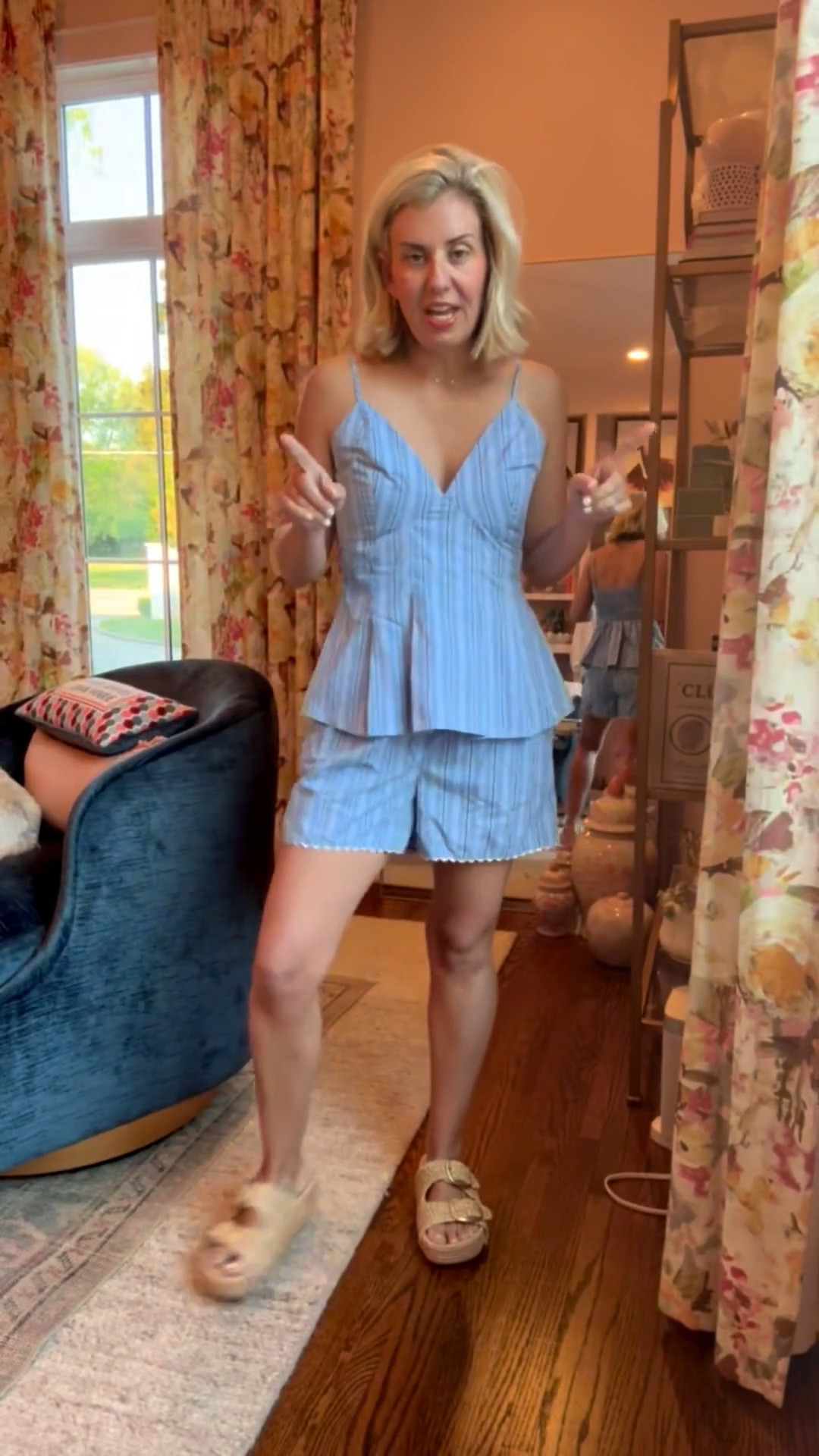 Such an adorable set we are wearing together and separate! Love that it has adjustable straps and elastic in the back. And let’s not forget the ric-rac on the shorts… Y’all so good! I’m in a small in both and 8.5 in sandal (1/2 size up). 