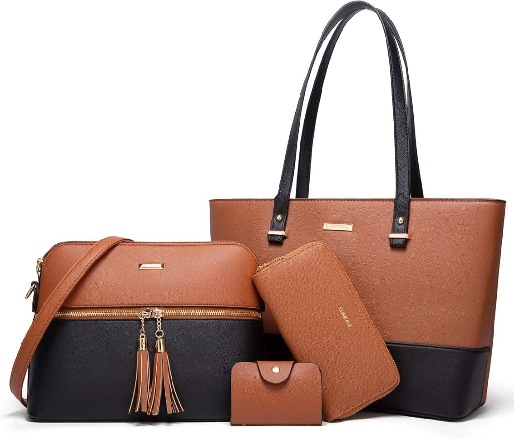 Women Fashion Synthetic Leather Handbags Tote Bag Shoulder Bag Top Handle Satchel Purse Set 4pcs | Amazon (US)