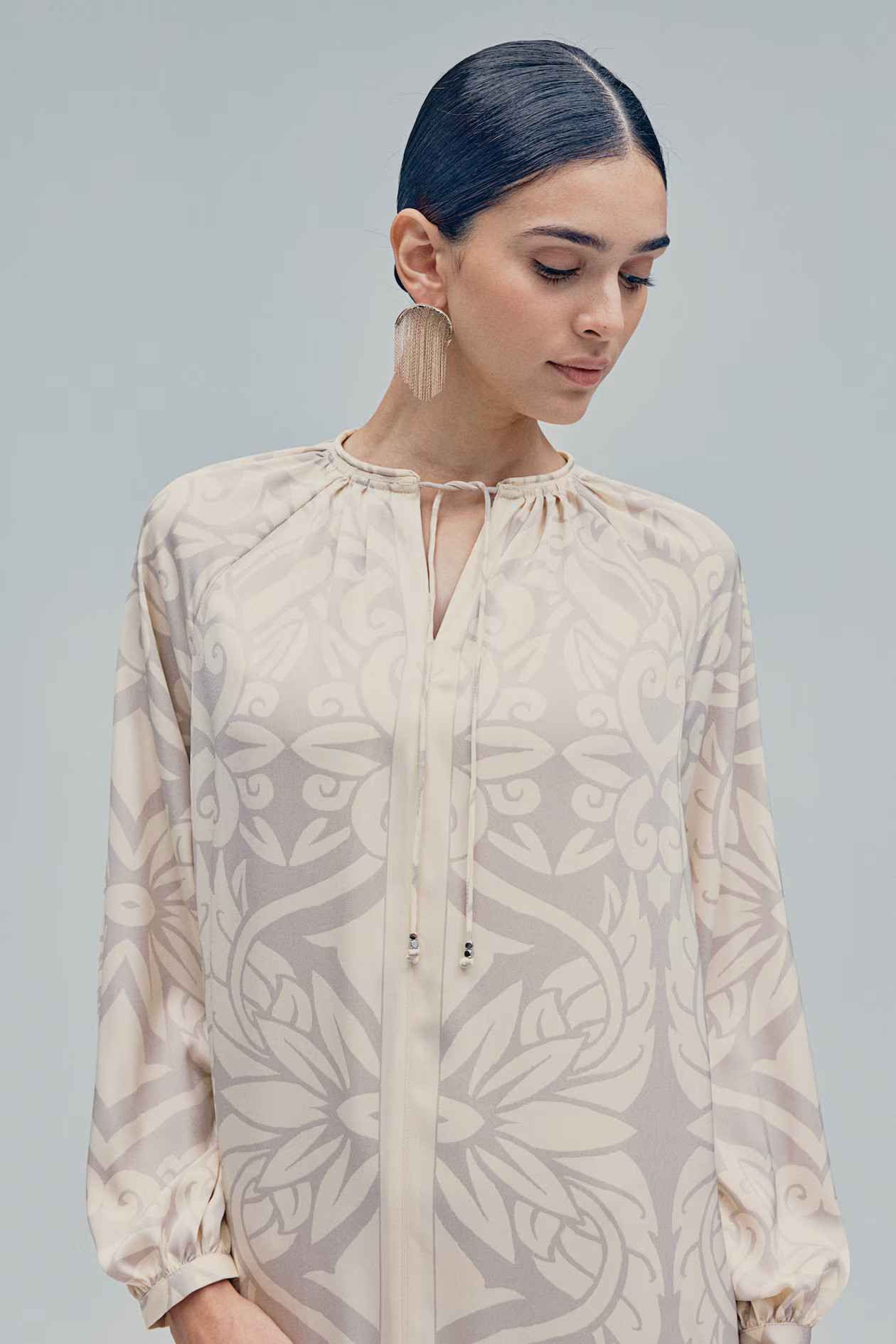 Balloon-sleeved dress - Light beige/Patterned - Ladies | H&M GB | H&M (UK, MY, IN, SG, PH, TW, HK)