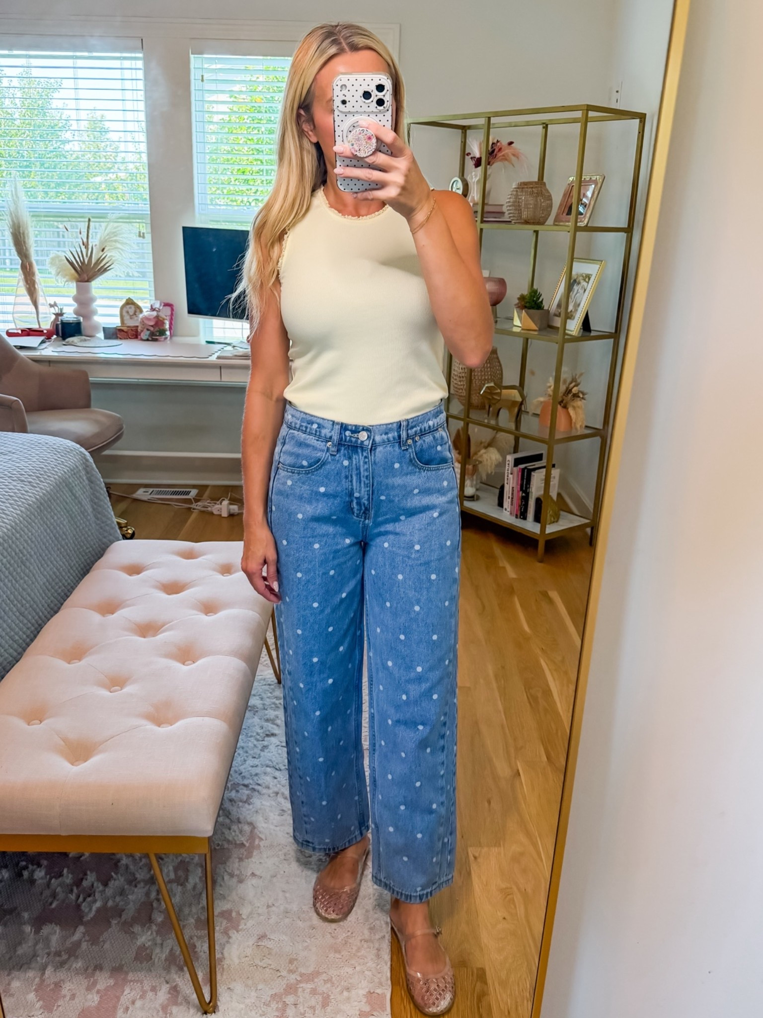 Cutest (soft, not rigid) polka dot denim paired with a tank with lace detail

#LTKootd #LTKOver40