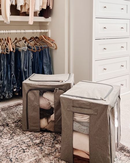Favorite way to stay organized in my closet. I swap out seasonal clothing in the storage bins and keep them on a top shelf. 40% off!!! They hold so much. And the rug is incredibly soft under foot.