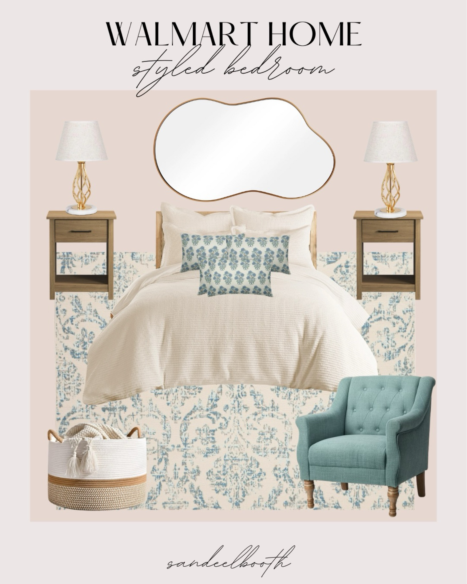 Walmart styled bedroom !!

Home decor, bedroom inspo, aesthetic bedroom, blue chair, white bed spread, bed side table, gold mirror 

#LTKHome