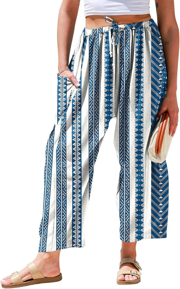 TARSE Womens Linen Wide Leg Pants Casual Loose Drawstring Summer 2026 Beach Travel Vacation Palaz... | Amazon (US)