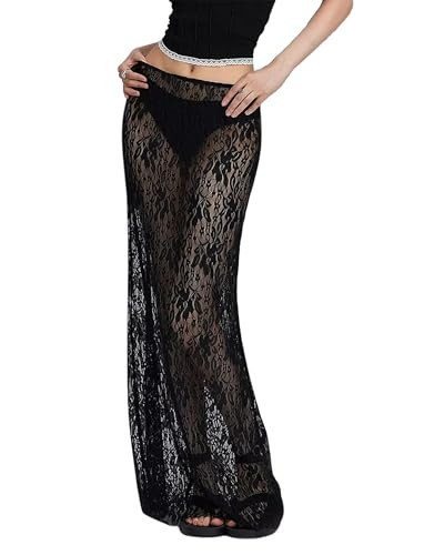 LTZYLS Sheer Mesh Lace Maxi Skirt Women，Black,X-Small | Amazon (US)