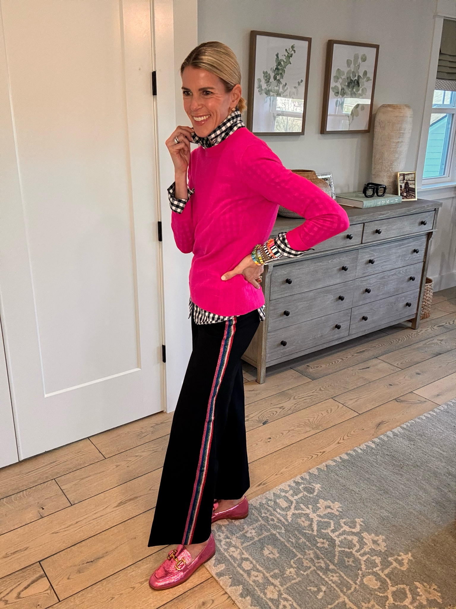 Pair the unexpected together for a great look 🖤🩷🤍. These pants are fabulous. Come in a ton of colors!  Shoes are the most comfortable loafers I have ever worn!! 

#LTKWorkwear #LTKWatchNow #LTKOver40