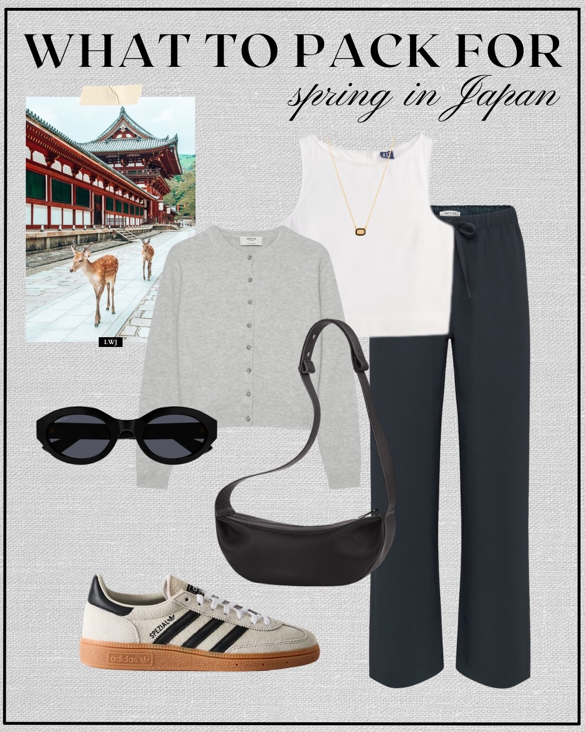 japan spring outfit 

spring travel / spring style / nara outfit / light gray cardigan / white crop tank / aritzia lodge pants / adidas handball spezial sneakers / minimal leather crossbody / gucci sunglasses / casual style  

 

#LTKTravel