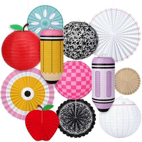 Baquler 18 Pcs Back to School Classroom Hanging Decoration 8 Inch Colorful Paper Lanterns and Fans Pencil Apple Crayon Composition Ceiling Hanging Decor for First Day of School Kindergarten Decor | Amazon (US)