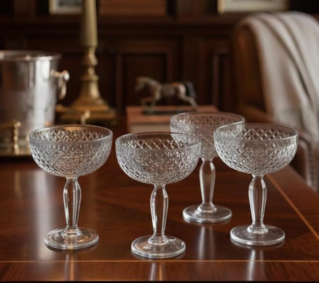 Set of 4 Vintage Cut Crystal Coupe Glasses, Mid Century Martini & Champagne Saucers, Elegant Glas... | Etsy (US)