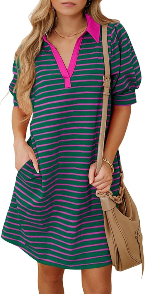 BLENCOT Women's Casual Polo V Neck T Shirt Striped Dress Summer Puff Short Sleeve MIdi Dresses | Amazon (US)