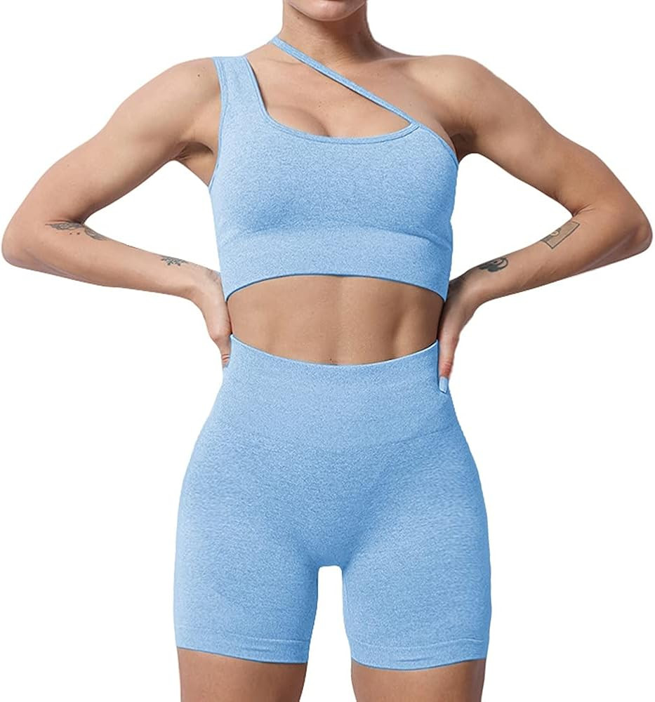 Women's Yoga Outfit Seamless Workout Set High Waist Exercise Shorts Pants with Halter Sport Bra 2PCS | Amazon (US)