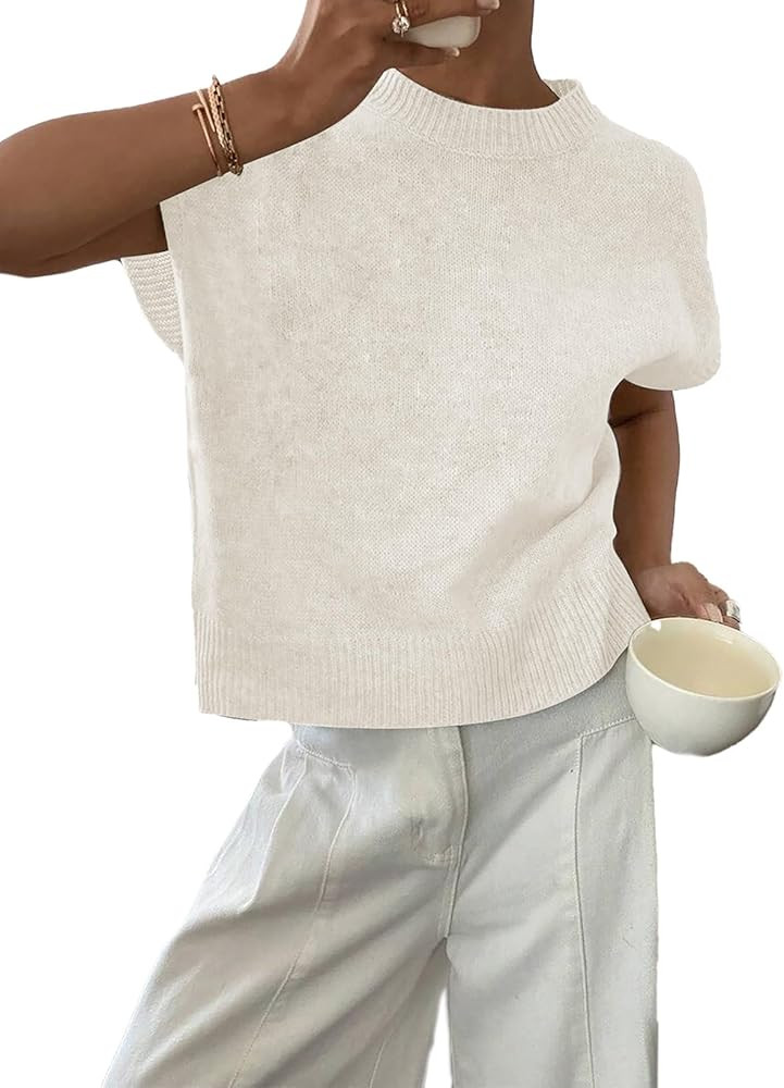 BLENCOT Womens Cap Sleeve Sweaters Summer Casual Short Sleeve Knit Tank Tops Loose Fit Crew Neck ... | Amazon (US)