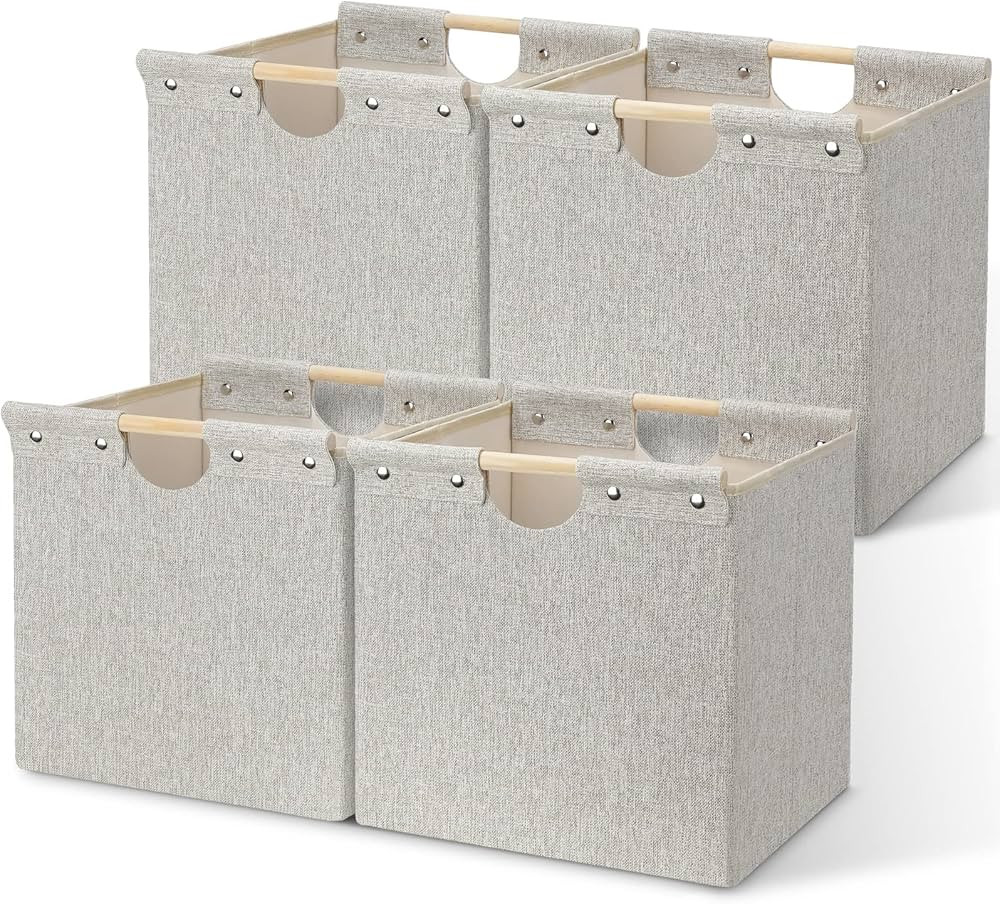 Posprica 13x13x13 Collapsible Storage Bins, 4 Pack Fabric Foldable Cube Storage Bins with Wooden ... | Amazon (US)
