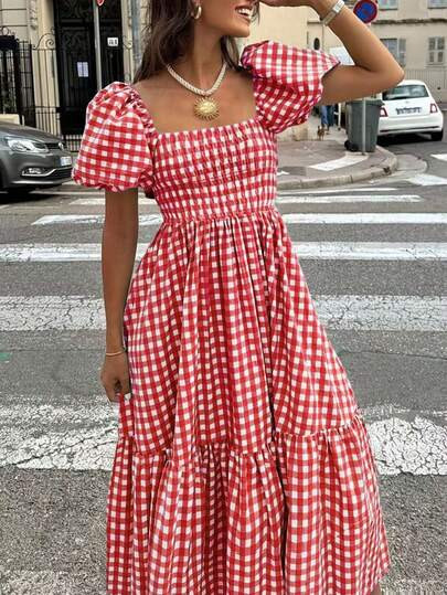 2026 Spring/Summer Women's Plaid Elegant Bohemian Casual Chic Outing Date Holiday Puff Sleeve... | SHEIN