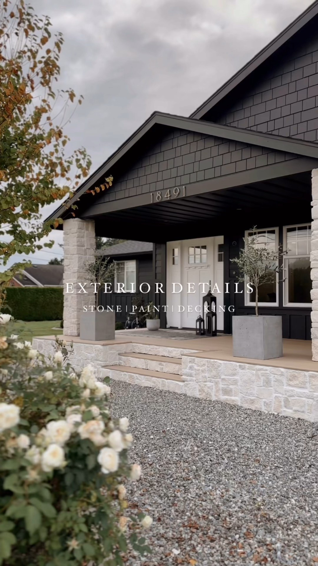 EXTERIOR DETAILS 🖤

•STONE: Eldorado Stone, RoughCut in “Casa Blanca”

•GROUT: Prism Cement Grout in “Snow White”

•COMPOSITE DECKING: TimberTech, Terrain Collection in “Natural White Oak” 

•PAINT: Benjamin Moore, Aura Paint in “Blacktop”

#LTKHome #LTKSaleAlert