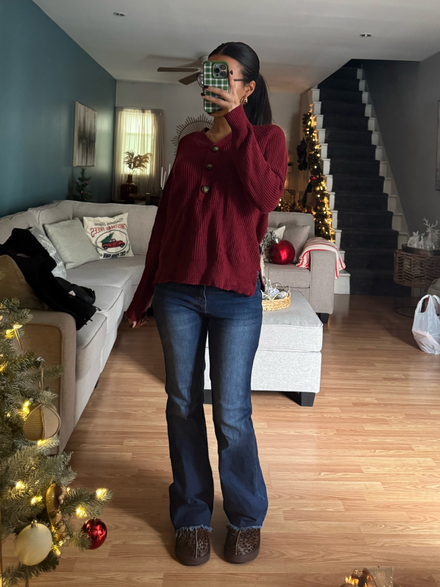Burgundy sweater, sweater, cozy sweater, dark denim jeans, dark jeans, wide bottom jeans, ugg slippers, cheetah Uggs, brown Ugg slippers, thrifted outfit, thrift finds, gold earrings

#LTKShoeCrush #LTKSeasonal #LTKStyleTip