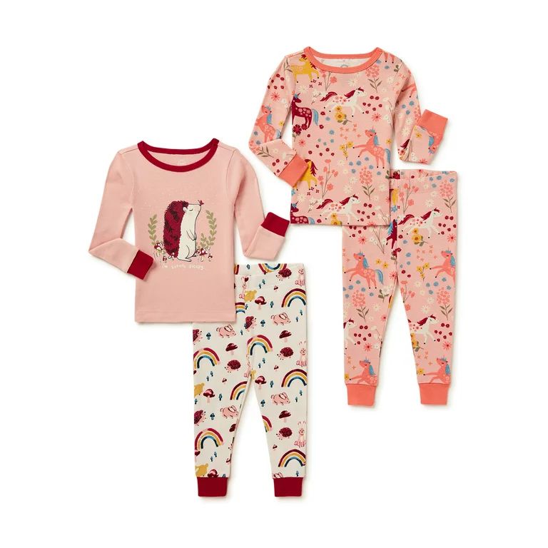 Wonder Nation Baby and Toddler Girls Cotton Pajama Set, 4-Piece, Sizes 12M-5T | Walmart (US)