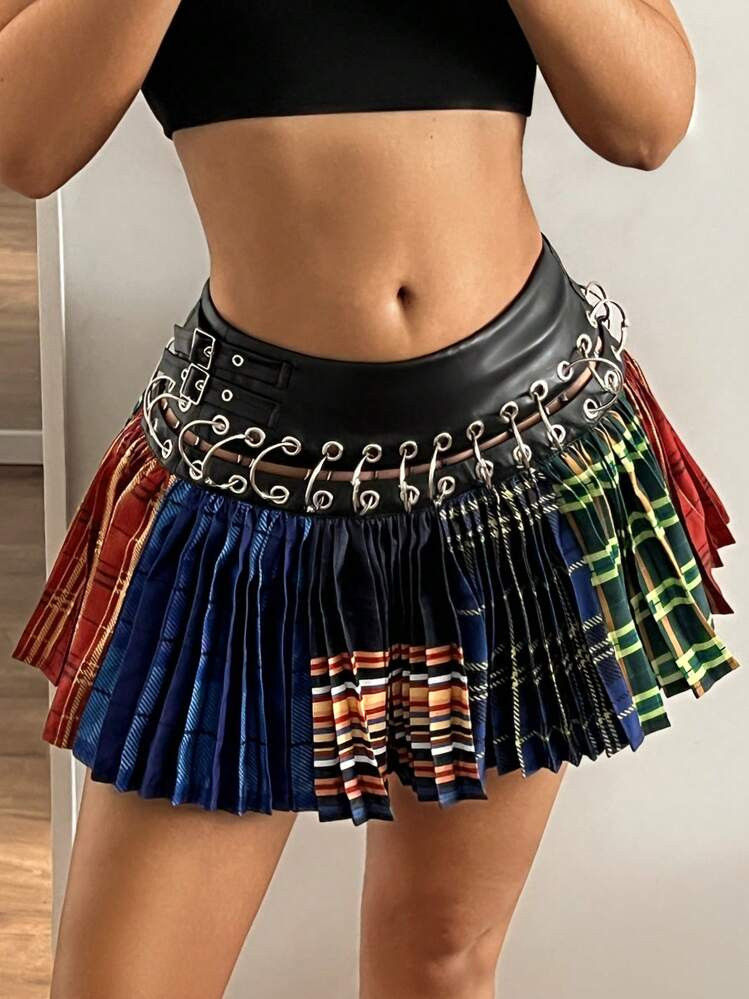 SHEIN ICON American Vintage Street Style Low Waist PU Waistband Plaid Mini Skirt Boho Skirts For Women | SHEIN