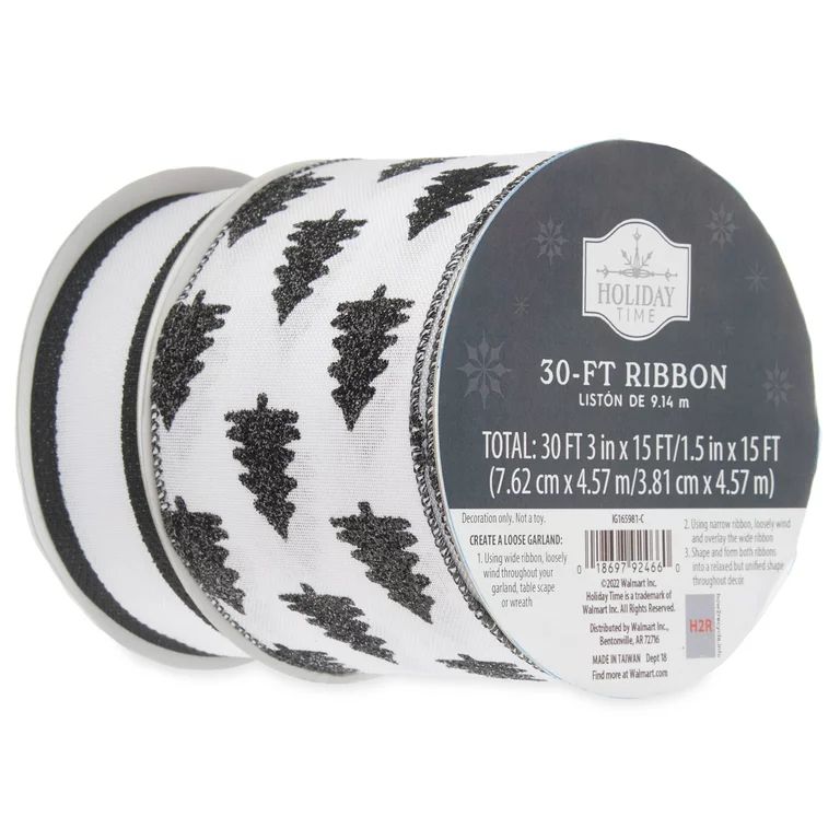 Holiday Time Black and White Christmas Tree Ribbons, 30', 2 Pieces | Walmart (US)